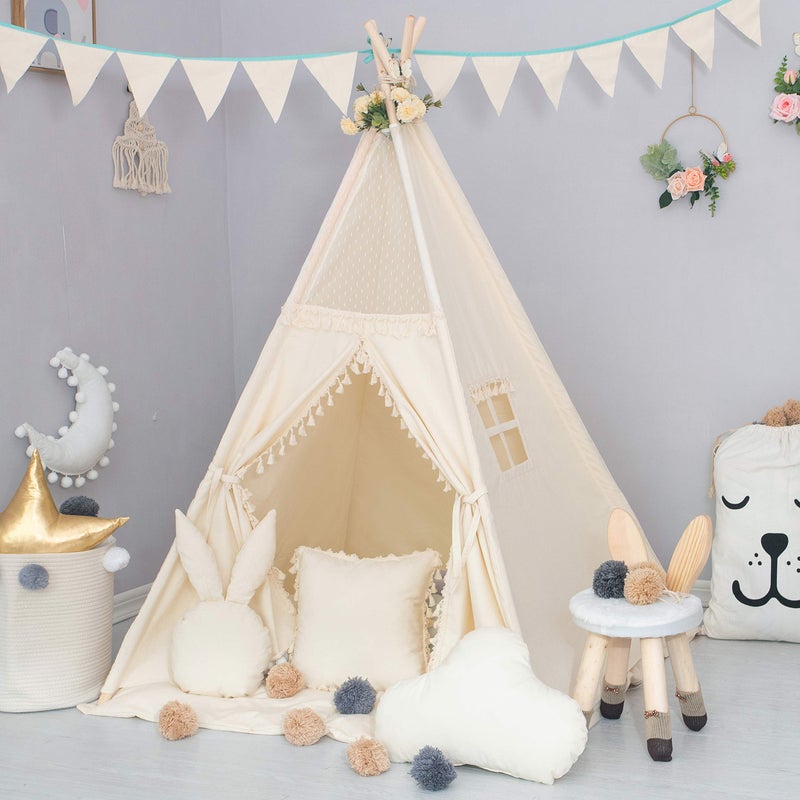 TreeBud Kids Teepee Tent with Padded Mat, Banner, Fairy Lights, Yarn Ball, Carry Bag, Beige Cotton Canvas Play Tent for Child with Tassels Lace, Play House Tipi for Kids Room Decor - Image 4